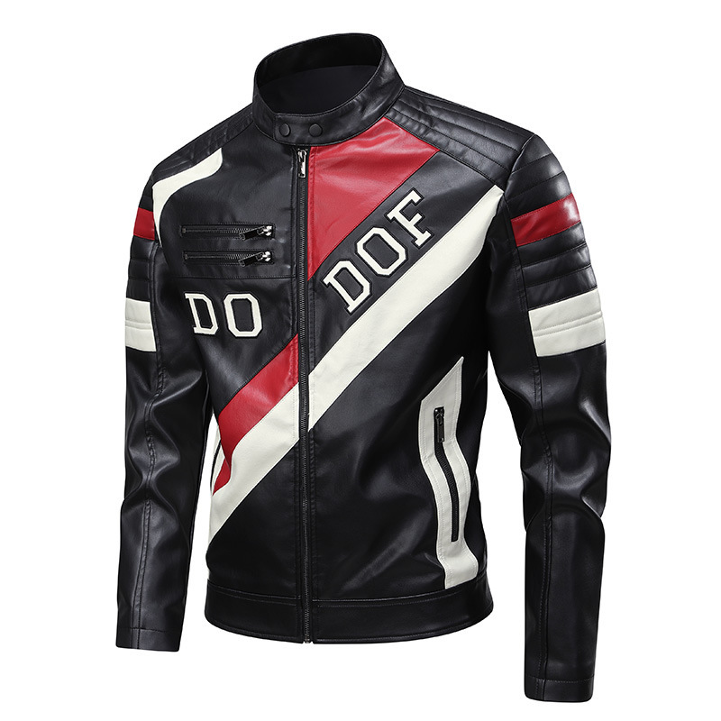 New cross-border European size stand collar men's leather jacket stitching embroidery men's leather jacket motorcycle clothing racing clothing motorcycle