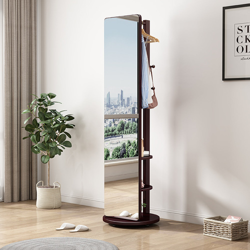Nordic solid wood floor-standing rotating full-length mirror with integrated wardrobe and hanging rack, modern minimalist home use bedroom dressing mirror and hanger