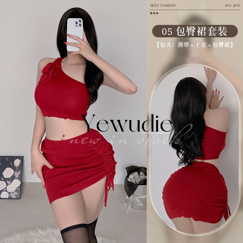 Lencería sexy club nocturno reina Yujie viento hombro inclinado top bolso con cordón falda a la cadera traje de suéter de chica caliente