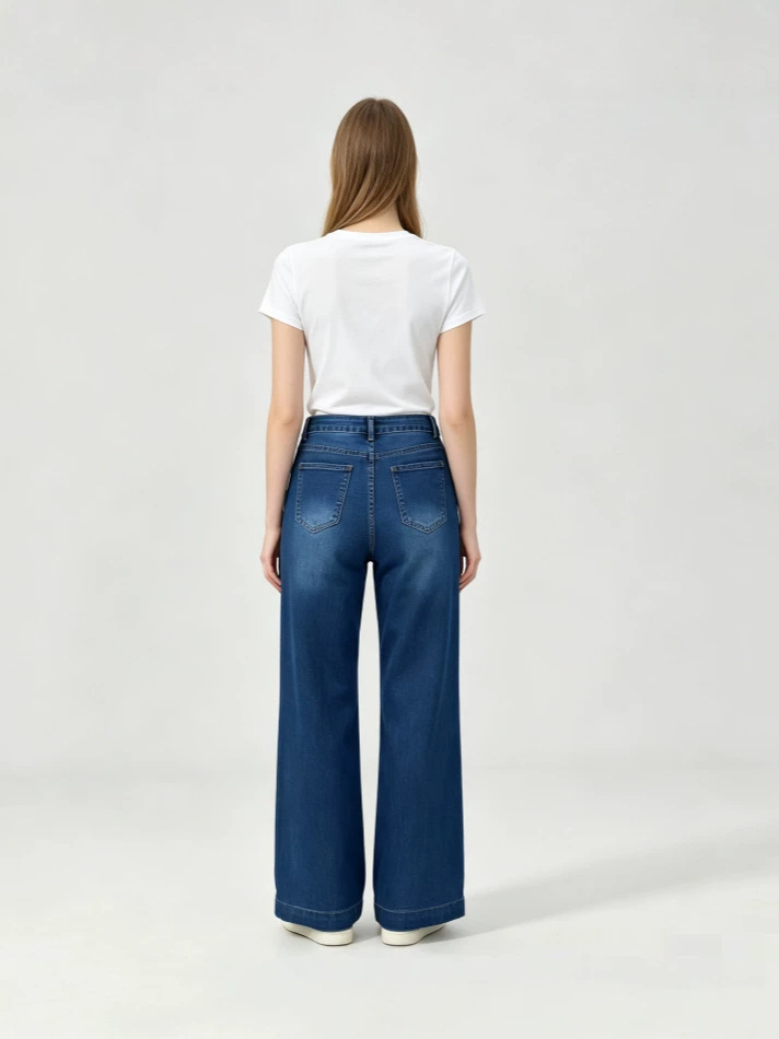 Jeans de Mujer de Pierna Ancha de Mezclilla de Algodón, Cintura Alta, Alta Elasticidad, para Uso Casual