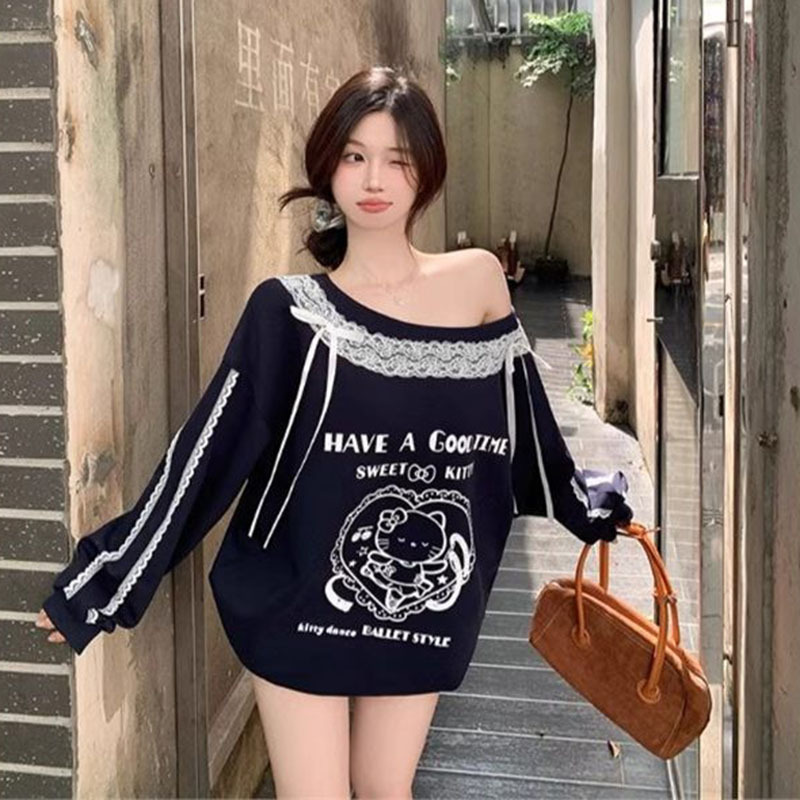 New Design Sense Lace Stitching Oblique Collar Shoulder T-shirt Women's Autumn Sweet and Spicy All-match Casual Long-sleeved Top