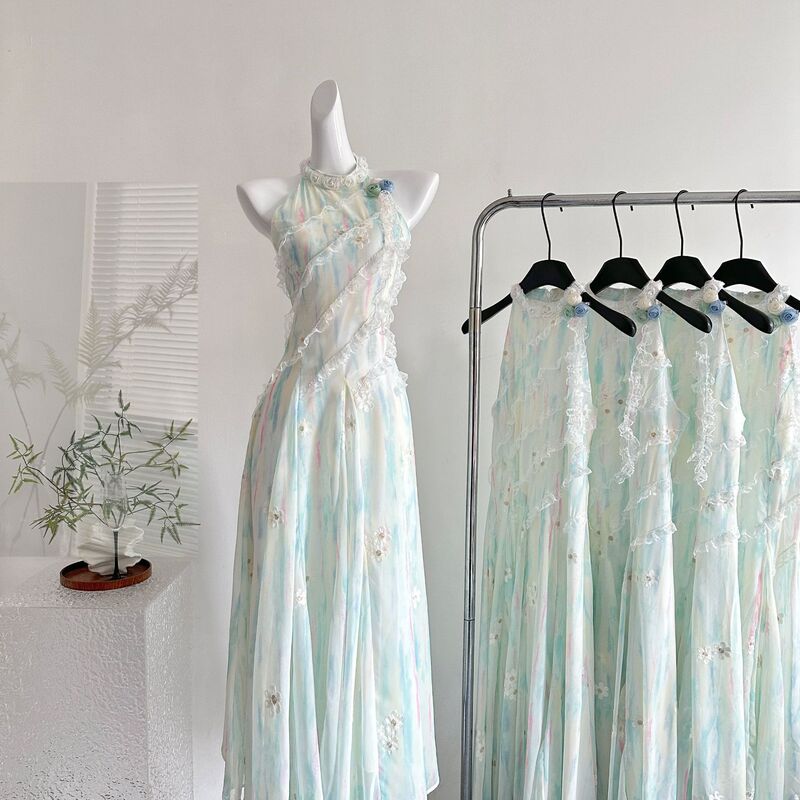"Xinxing" Reese Jasmine Green Summer Fairy-Like Sweet Slimming Waist-Cinching Long Dress Vacation Style Slimming Dress