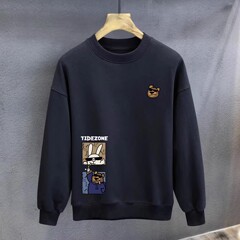 秋冬新款潮牌印花圆领纯棉卫衣男士潮流修身百搭休闲加绒长袖上衣