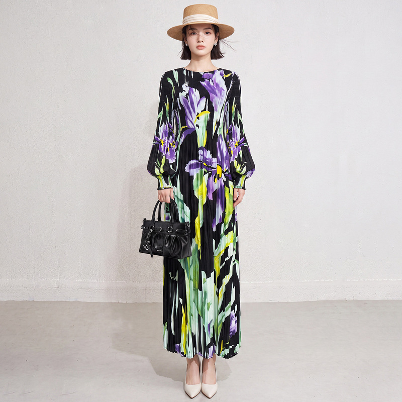 Miyake printed dress for women, purple floral lantern long sleeve long dress, loose and slimming, pleated skirt, holiday style dress