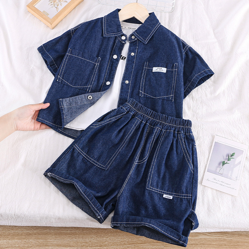 5290 Traje de verano para niños Traje de dos piezas de mezclilla delgado Ropa de bebé elegante y hermosa para niños Calle frita para niños Verano
