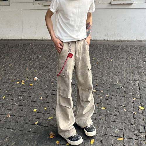 American High Street Marble Dark Texture Pleated Pocket Work Pants for Men and Women, American Paratrooper Pants, Loose Casual Long Pants, Trendy