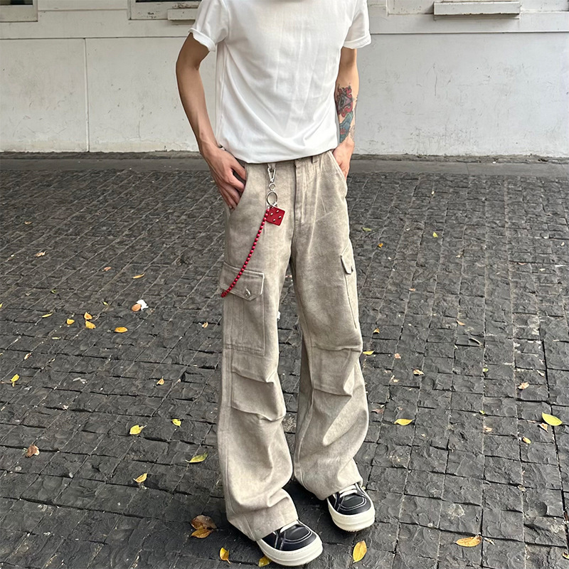 American Style High Street Marble Dark Pattern Pleated Pocket Crane Pants for Men and Women American Style Paratrooper Pants Loose Casual Trendy Pants