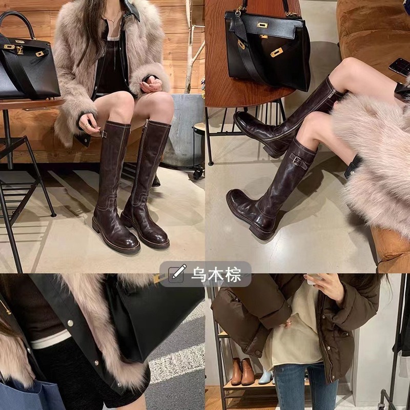 水洗牛皮~真皮黑色复古长靴百搭显瘦粗跟骑士靴女长筒靴高筒靴子|undefined