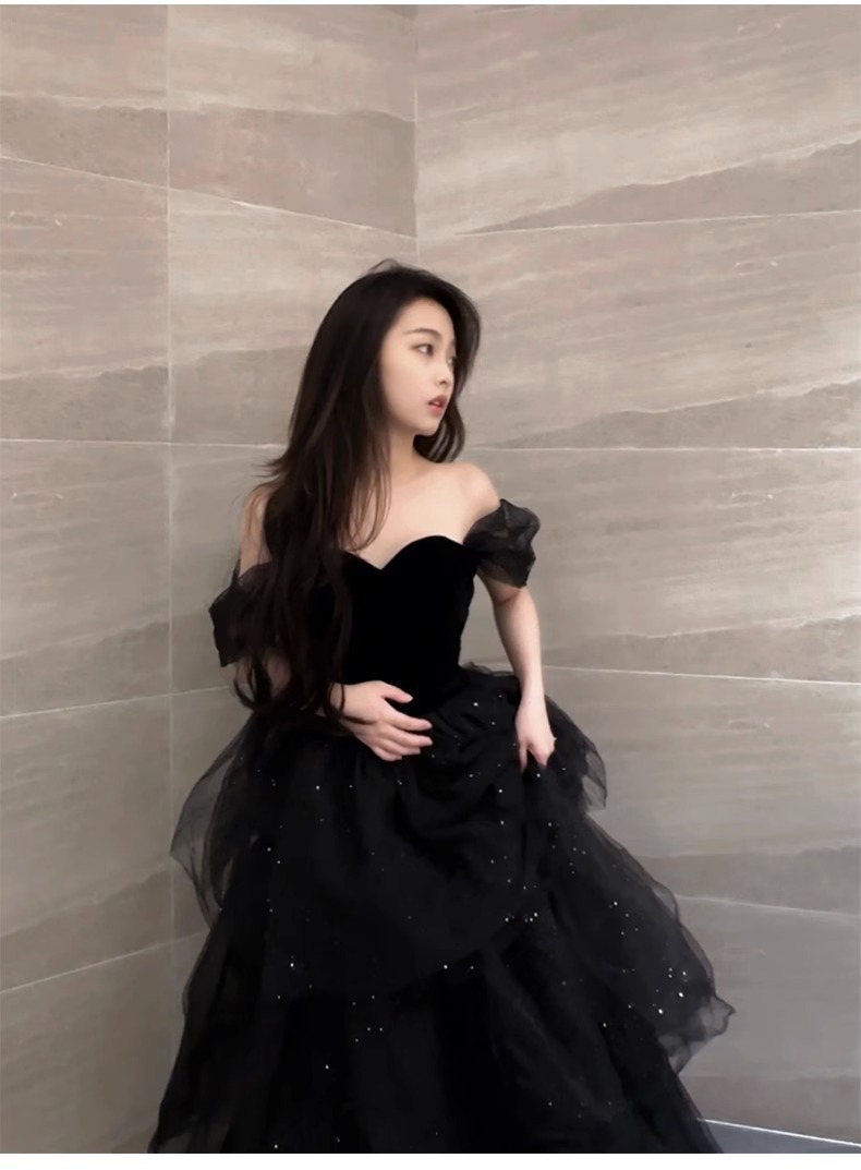 Váy dạ hội tutu kiểu Pháp màu đen sang trọng, dáng maxi thắt eo, phù hợp lễ tốt nghiệp, lễ trưởng thành — Màu đen chi tiết 3