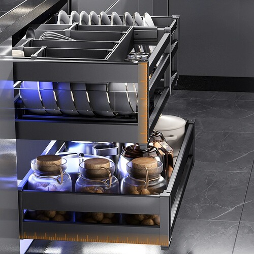 【Small Batch Wholesale】Kitchen Cabinet Pull-out Drawer Door Two-Layer Aluminum Alloy Bowl Plate Middle Draw Deepening