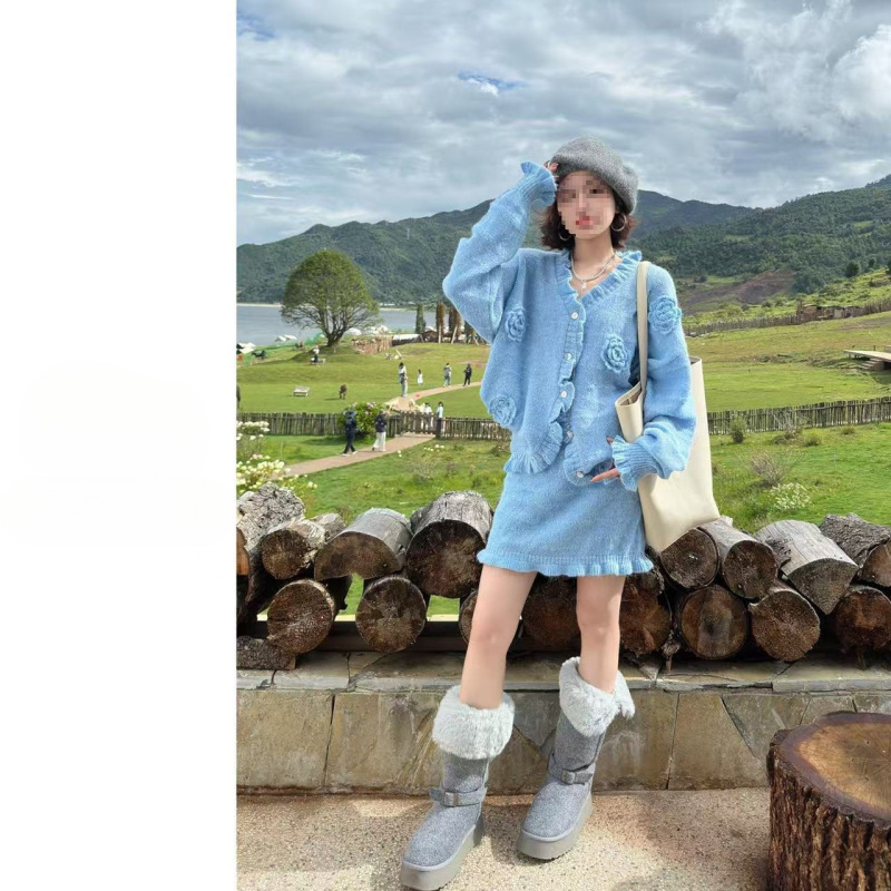 千金风小洋装套装2025早秋新款气质立体花朵灰色针织衫短裙女装|undefined