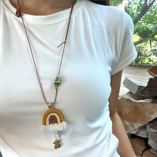 Personalized design rainbow tassel ceramic handmade sweater chain bear pendant ins design long pull necklace