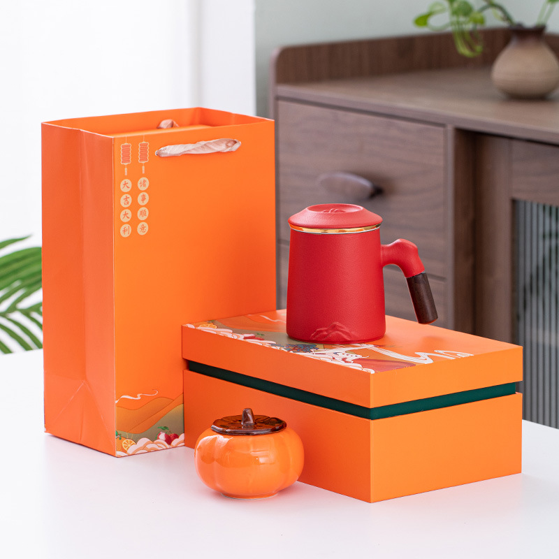 빨강 먼 산 물 컵 + 감 찻주전자