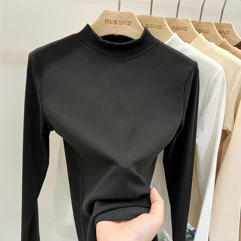 2023 autumn new double-sided German velvet half-turtleneck base shirt women plus velvet warm collar top inside the stand collar long