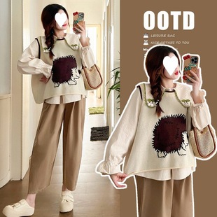 Maternity suit Spring and Autumn Fashion Trendy Doll Collar Shirt Outer Wear Knitted Vest Two-Piece Casual Pants