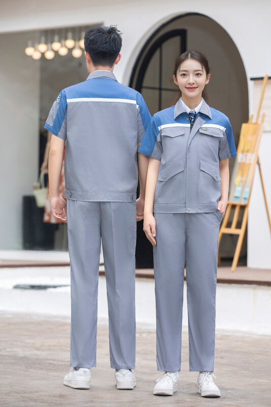夏薄い半袖作業服スーツメンズ反射ストリップ通気性労働保護服工場ワークショップ作業服トップロゴ|undefined