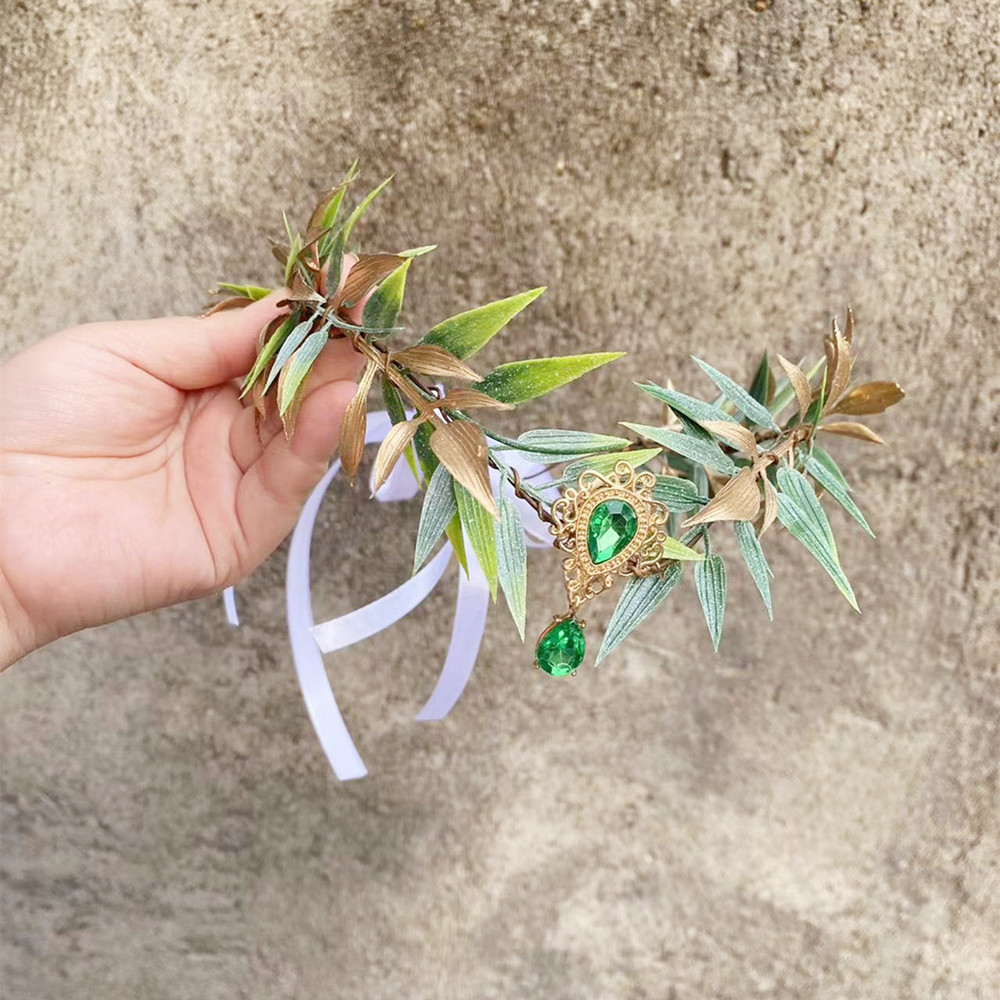 Barroco retro mori elegante verde diadema tocado elfo hoja de oro fruta verde frente colgante elfo banda de pelo