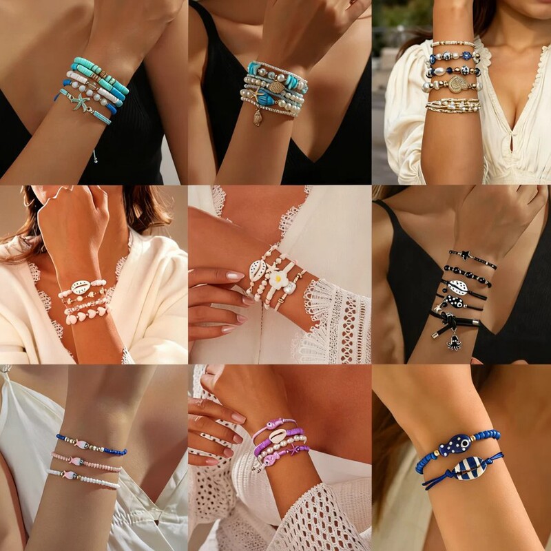 Cross-Border Hot-Selling Ocean-Style Imitation Pearl Shell Starfish Bracelet Set European and American Beach Beaded Bracelet 5-Piece Set Cross-Border Hot-Selling Ocean-Style Imitation Pearl Shell Starfish Bracelet Set European and American Beach Beaded Bracelet 5-Piece Set