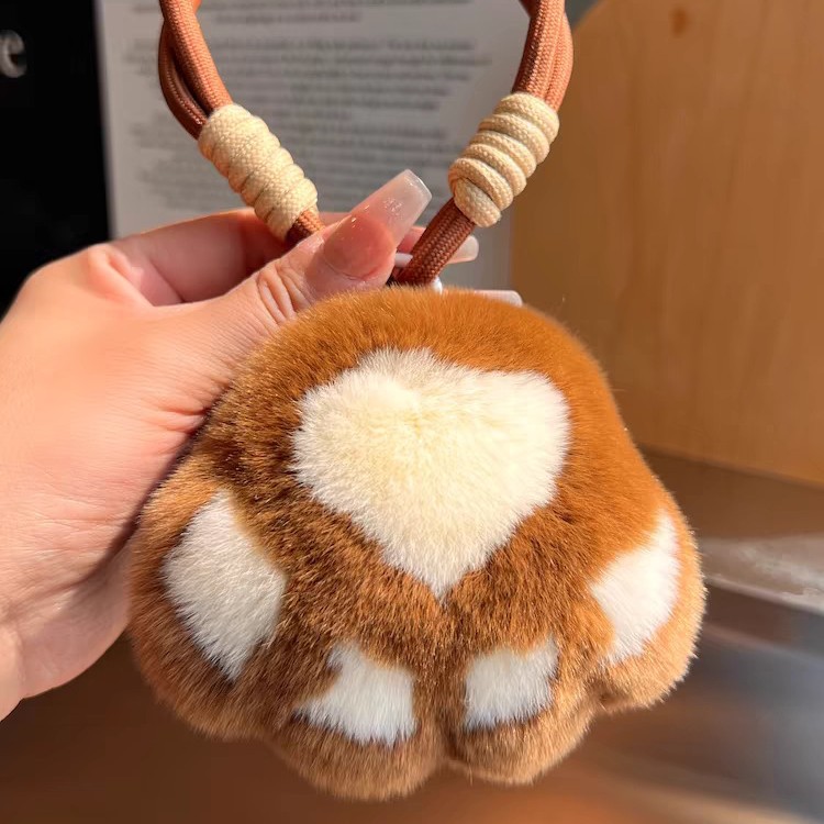 Verdadero cordón de piel de conejo Rex lindo gatito garra llavero de coche colgante rojo bola de peluche bolso escolar colgante regalo
