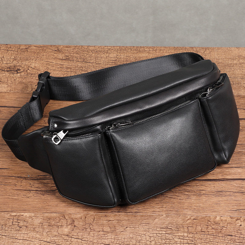 Túi đeo chéo nam da bò lớp đầu tiên, túi đeo ngực dung tích lớn chống trộm 17×7×13 cm — Màu đen chi tiết 5