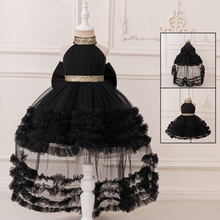 2024跨境新款女童生日童礼服演出拍摄礼服挂脖拖尾公主裙网纱礼裙