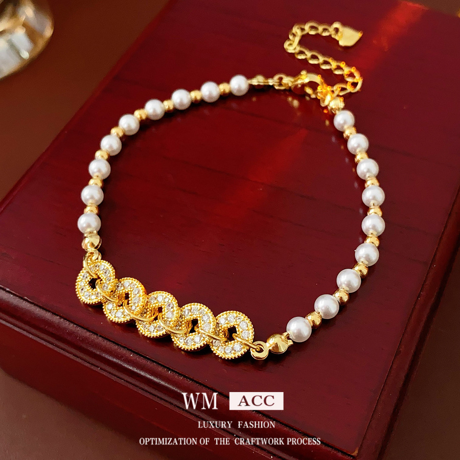 Zircon moneda de cobre, perlas, pulsera con cuentas, nuevo estilo chino, todo fósforo, pulsera retro, lujo ligero, sentido de alta gama, joyería de moda nacional al por mayor