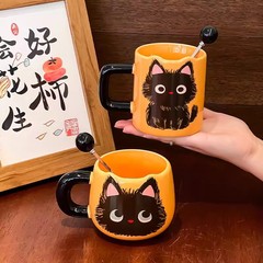 爱小黑猫马克杯带勺子陶瓷情侣对杯咖啡水杯礼盒送礼生日礼物批发