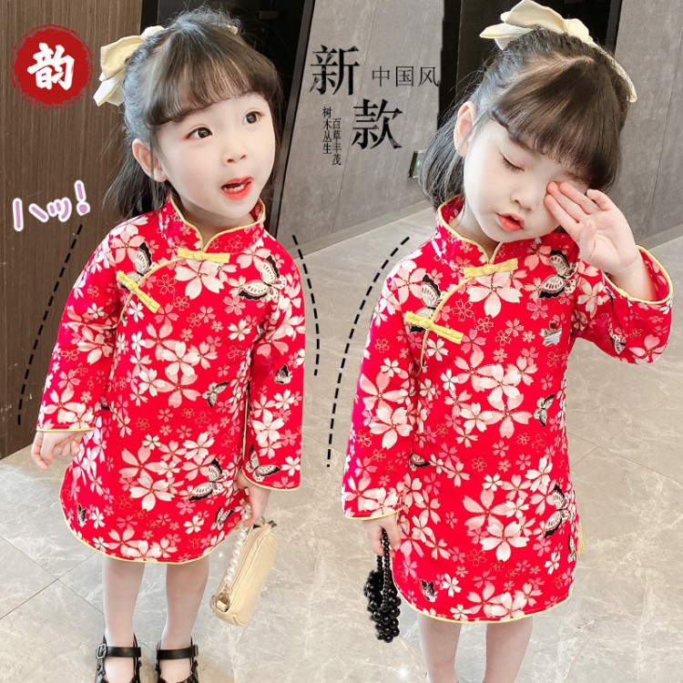 Las niñas de otoño cheongsam vestido de Año Nuevo saludo ropa de los niños niña Tang traje de estilo chino de primavera y otoño Hanfu Año Nuevo vestido
