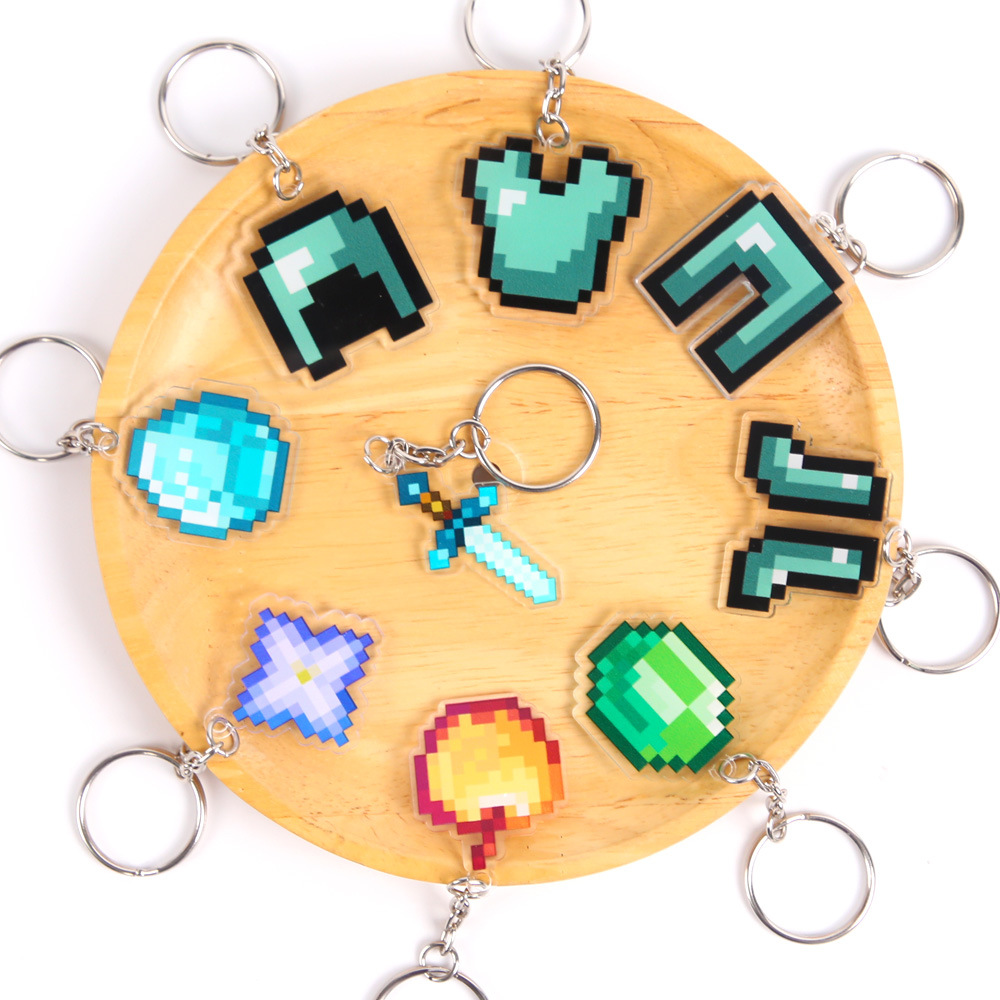 Minecraft llavero juego de píxeles tema fiesta decoración arma diamante colgante acrílico mochila colgante