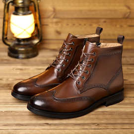 头层牛皮英伦切尔西靴男布洛克雕花高帮皮鞋商务马丁靴尖头皮靴