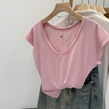 漂亮粉色V领短袖T恤女装2025夏季新款韩版修身显瘦洋气别致上衣潮