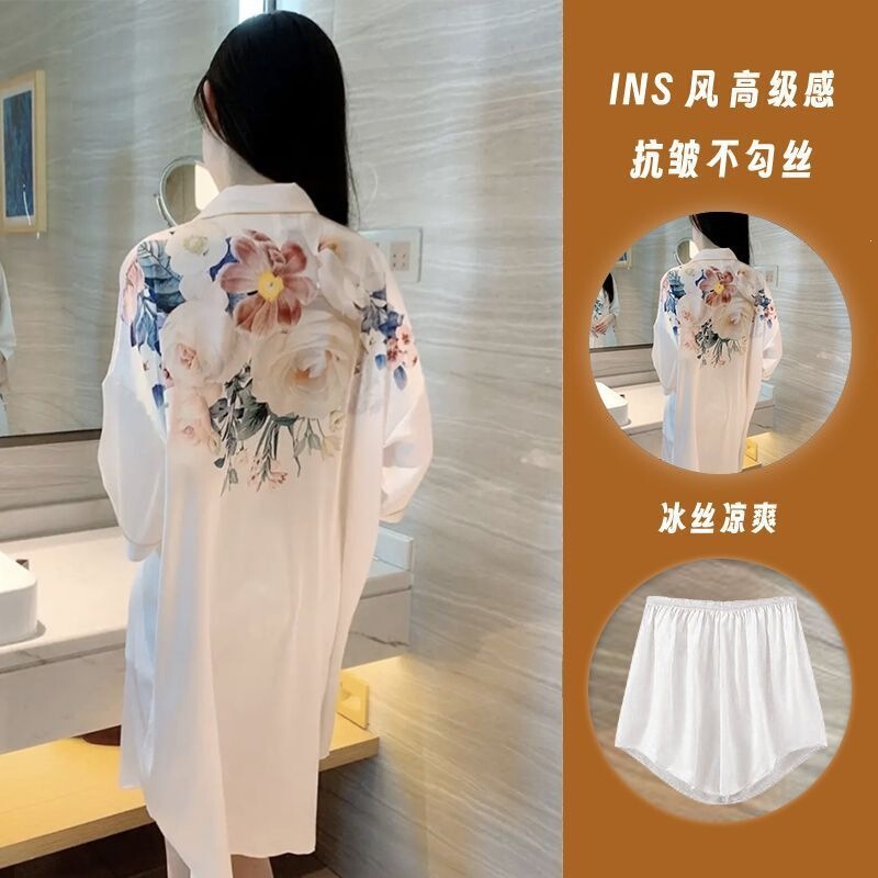 Summer ice silk pajamas for women, mid-length, sweet, loose, plus-size, fashionable shirt-style set, can be worn as home clothes Summer ice silk pajamas for women, mid-length, sweet, loose, plus-size, fashionable shirt-style set, can be worn as home clothes