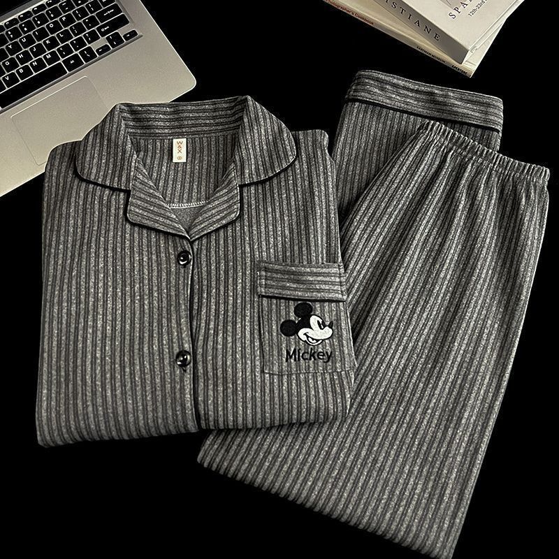 Korean-style Mickey Mouse autumn and winter pajamas, women's cartoon design, simple and warm, made with thickened fleece, men's striped long-sleeved loungewear Korean-style Mickey Mouse autumn and winter pajamas, women's cartoon design, simple and warm, made with thickened fleece, men's striped long-sleeved loungewear