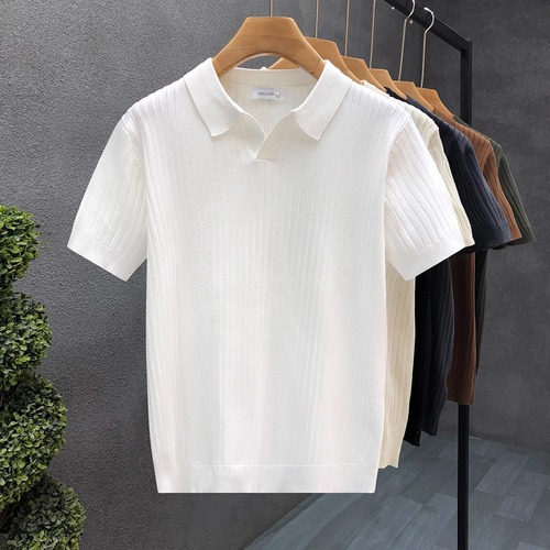 POLO Shirt V-Neck Short Sleeve Knit Shirt Men's Collar Seagull Collar Striped Business T-Shirt Trendy Plus Size Foreign Trade Cross-Border Wholesale