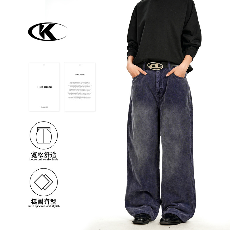 11Kn American-Style Straight Corduroy Casual Pants for Men and Women, Washed Street-Style Vintage Design, Loose Wide-Leg Cargo Pants