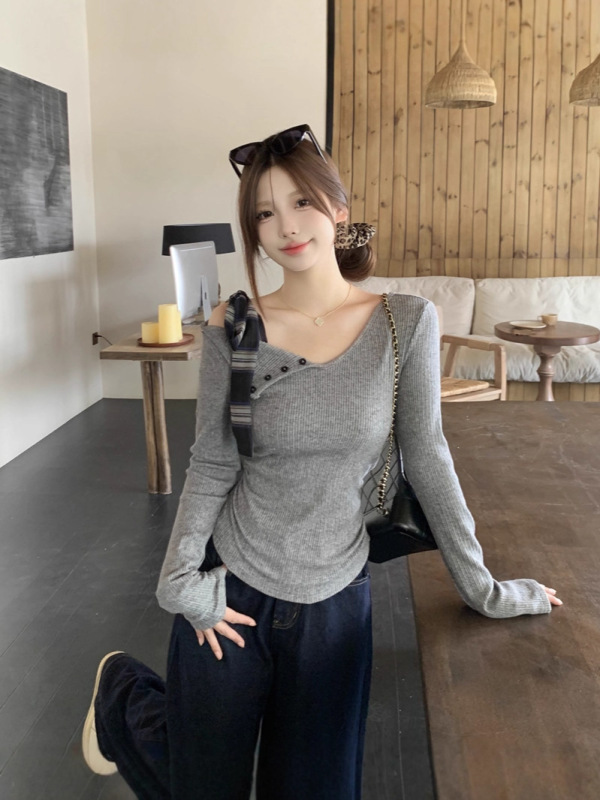 大码女装灰色一字肩针织打底衫女早秋chic甜辣露肩蝴蝶结短款上衣|undefined