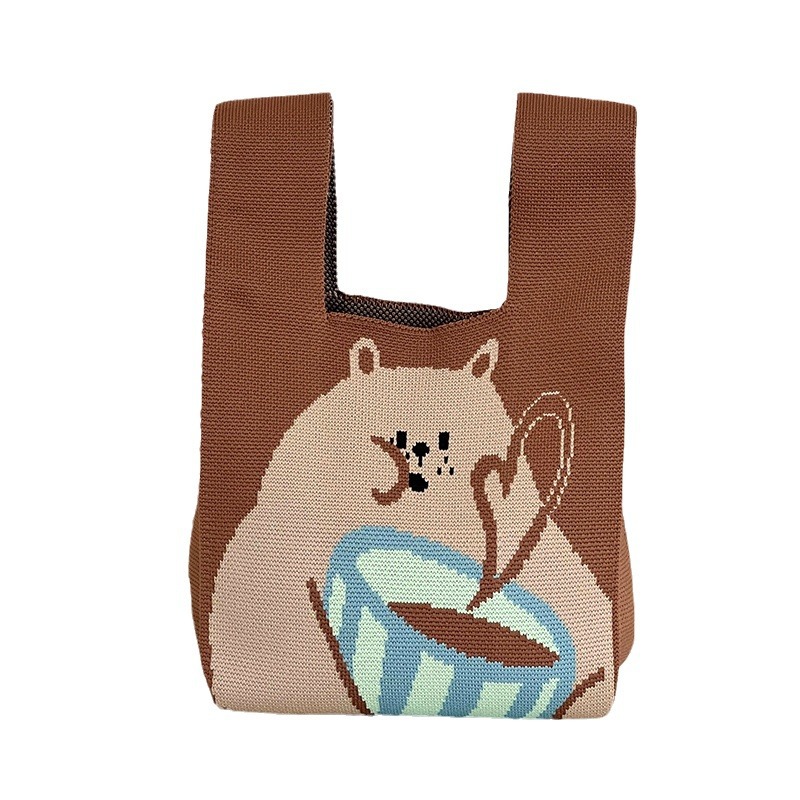 Bolsa de mano de damas nicho diseño de dibujos animados de punto chaleco de punto regalo de mano mochila de hombro al por mayor