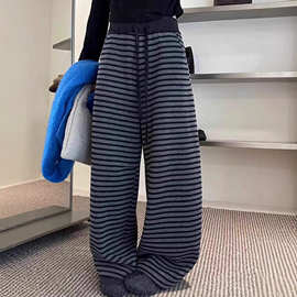抽绳撞色条纹阔腿裤女加绒加厚2025冬季新款欧货宽松休闲弯刀长裤