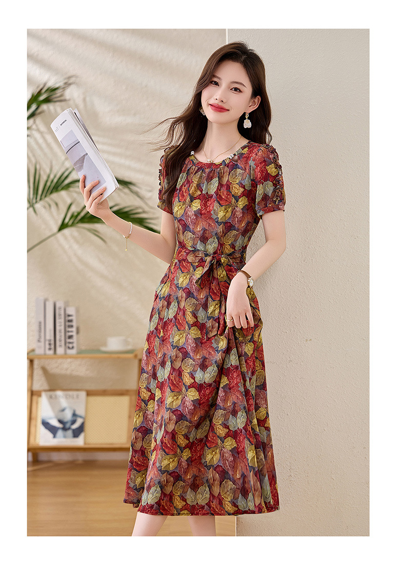 Váy liền hoa maxi nữ thắt eo thanh lịch mùa hè 2025 tay ngắn ôm eo — hoa đỏ, hoa hồng chi tiết 11