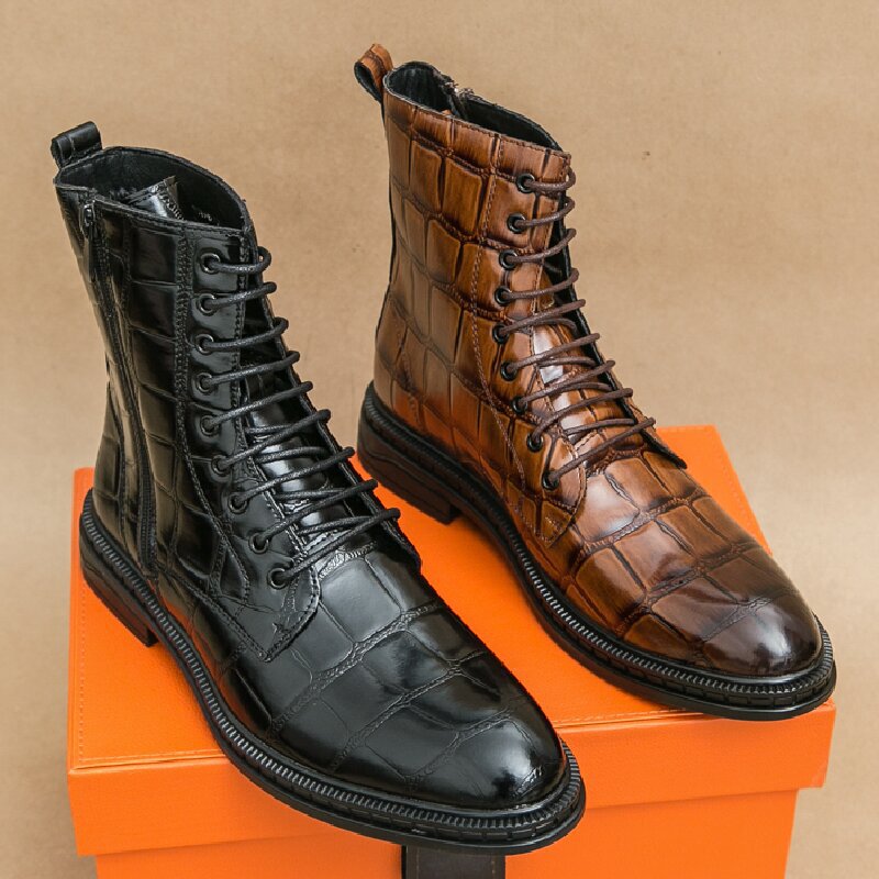 Winter Large Size Men's Martin Boots with Crocodile Pattern, Trendy Youth High-Top Leather Boots, Zippered Short Boots, Chunky Heel Leather Boots, Motorcycle Boots