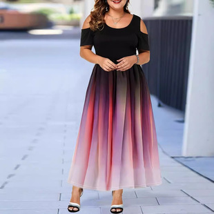 2025 European and American Cross-Border New Wish Amazon Slim and Sexy Gradient Off-Shoulder Plus Size Women's Dress