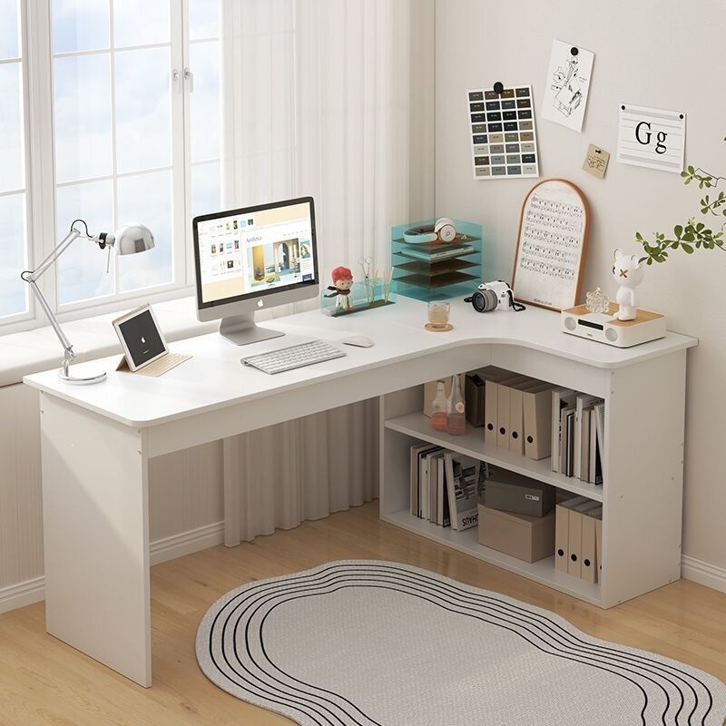 Cream-Colored Corner Computer Desk with Integrated Bookshelf, Study Desk, Bedroom Vanity Table, Desk Cabinet, Two-In-One Home Desk Cream-Colored Corner Computer Desk with Integrated Bookshelf, Study Desk, Bedroom Vanity Table, Desk Cabinet, Two-In-One Home Desk