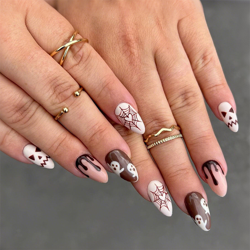 Cross-Border Halloween Wearable Nails Almond Simple Style Spider Ghost Blood Drop Pattern Halloween Nail Art Nails Wholesale Cross-Border Halloween Wearable Nails Almond Simple Style Spider Ghost Blood Drop Pattern Halloween Nail Art Nails Wholesale