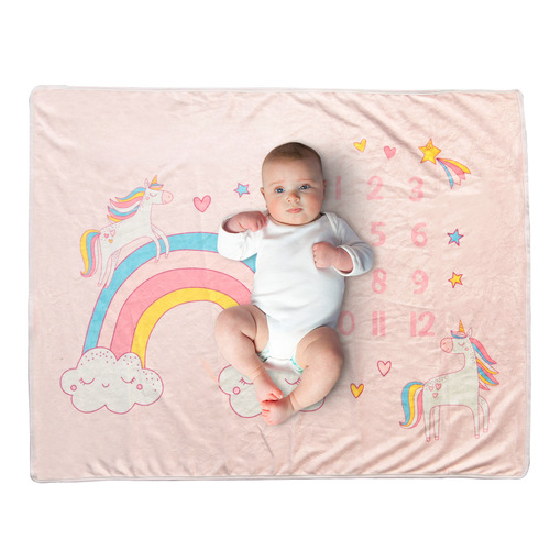  New Cartoon Cute Rainbow Unicorn Print Fleece Milestone Blanket for Baby Photo Memorabilia