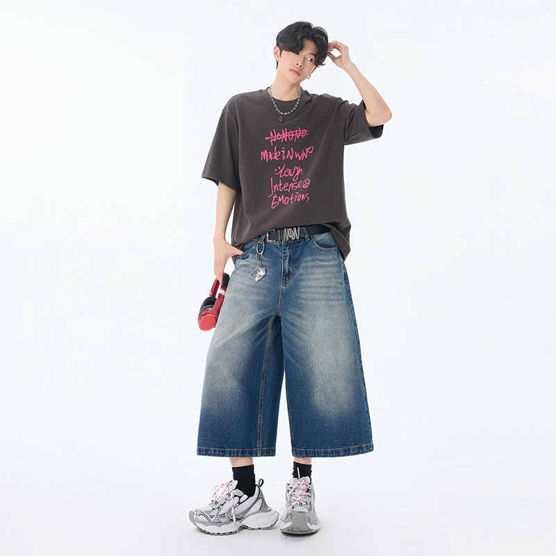 American Retro Wide-Leg Cropped Pants for Men, Popular 2025 Summer New Style, Distressed Dirty Dye Design Jeans for Trendy Men