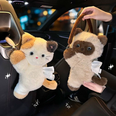 Avtomobil plush salfet qutusu, oturacaq arxası asma, sevimli Siyam pişiyi 3D örtük
