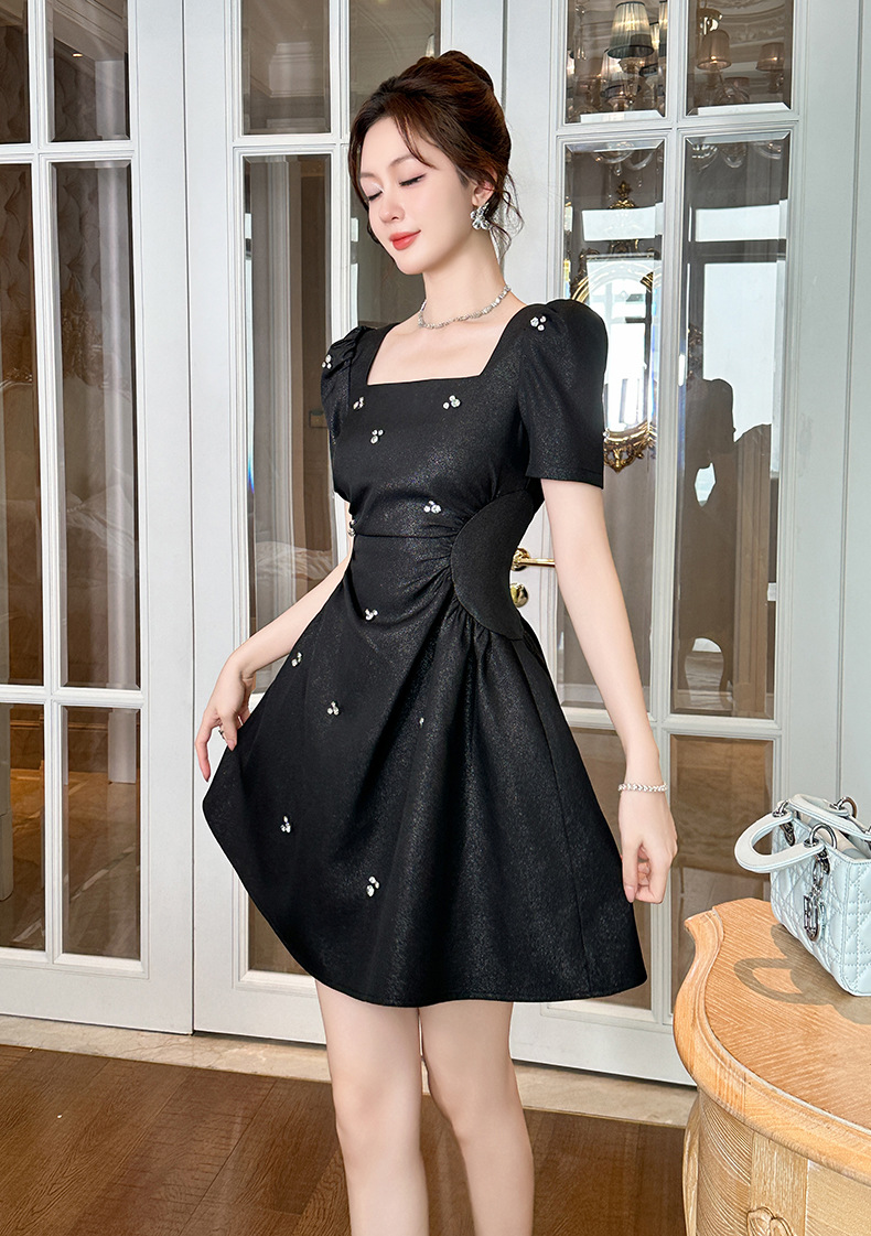Váy đầm nữ cổ vuông phồng thắt eo đính kim cương phong cách công chúa — Màu đen chi tiết 6