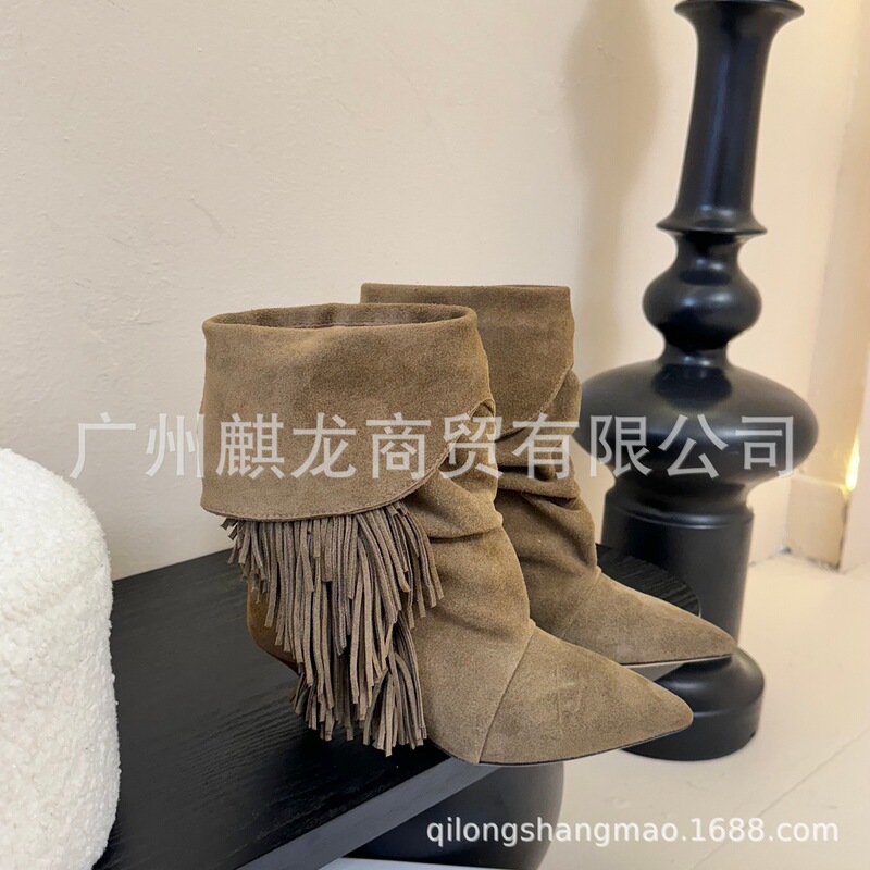 高端2025秋冬真皮尖头复古流苏褶皱堆堆靴中筒切尔西靴西部牛仔靴|undefined