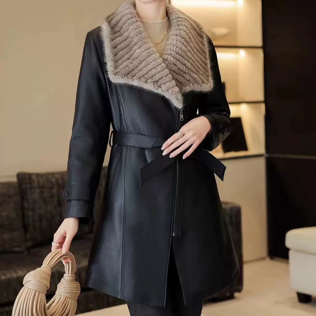 高端海宁皮衣女修身中长款外套时尚水貂毛领2024冬新款真皮羽绒服