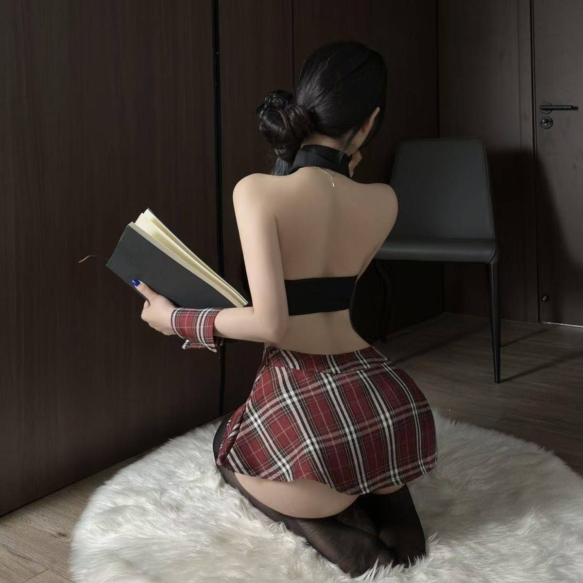 Crimson Plaid JK Uniform Lingerie Set with Pleated Skirt and Garters — detail image 3